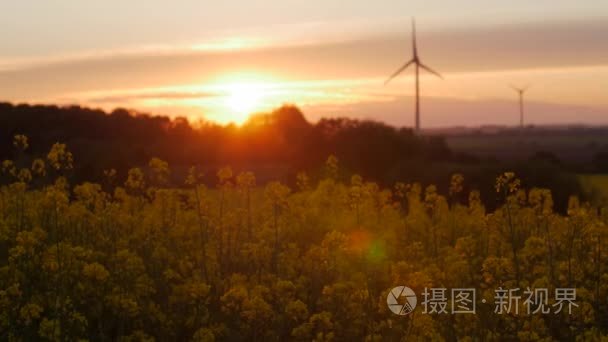 在夕阳的光线与风力涡轮机视频