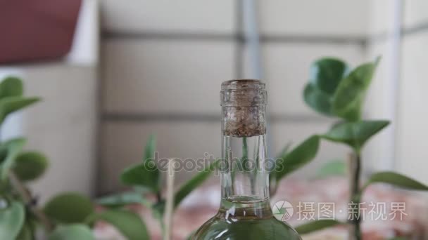 与红酒开瓶器开瓶。一瓶白葡萄酒，打开瓶塞特写