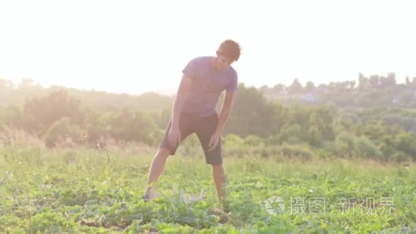 年轻的农夫收割成熟橙色瓜场的有机生态农场