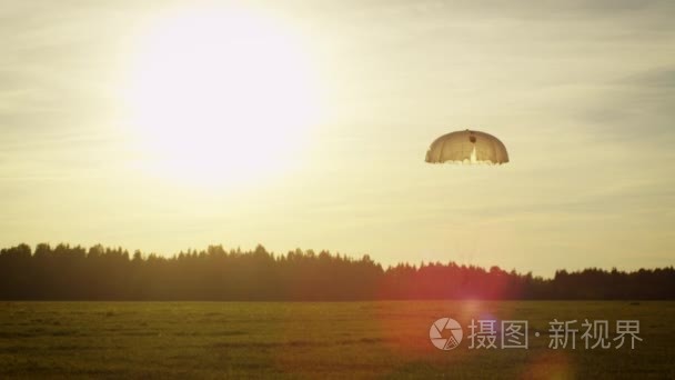 拍摄的跳伞降落在夕阳光视频