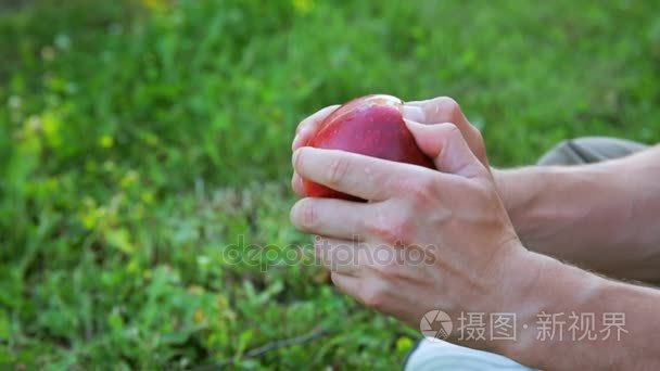 男性手拆分熟透的红苹果