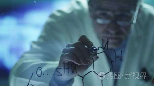 Scientist is Drawing Organic Chemical Formulas on Glass. Shot on