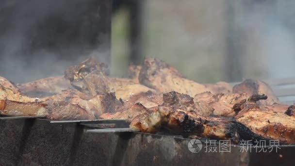 烤肉架上的猪肉视频