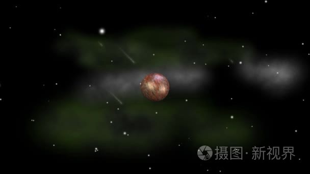 旋转棒棕色行星在一大群的陨石飞槽恒星和星云，科幻视频动画