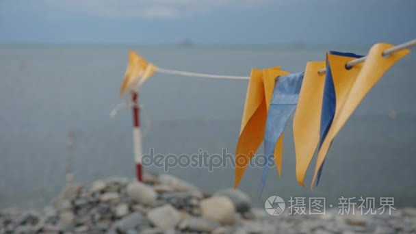 装饰的旗帜飘扬在风中的海滩视频