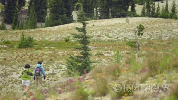 徒步旅行者在山里徒步旅行视频