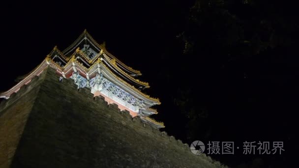 北京紫禁城塔  树冠在夜的全景。华丽的 pa