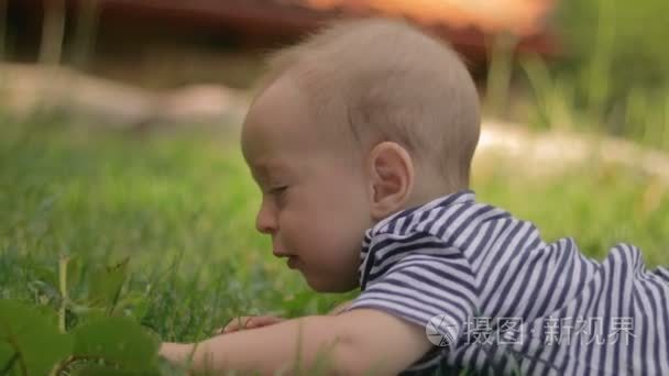 一个小的孩子躺在草哭特写视频