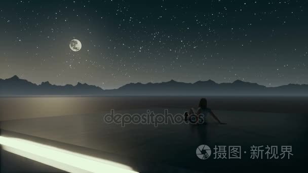 孤独的女，看着夜空中超现实景观 4 k 动画