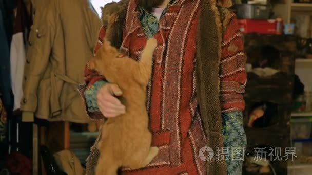 男人拿着和护理橙色小猫视频