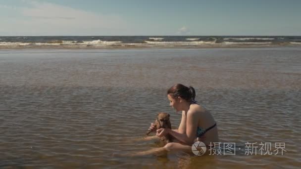 女孩玩在海边的小狗视频