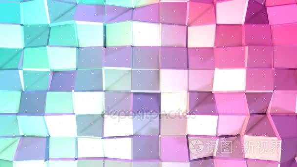 抽象 简单 蓝色 粉红色 低模 3d 表面图和飞行作为青年背景的白色晶体。软几何低聚背景的纯蓝色粉红色多边形。4 k 全