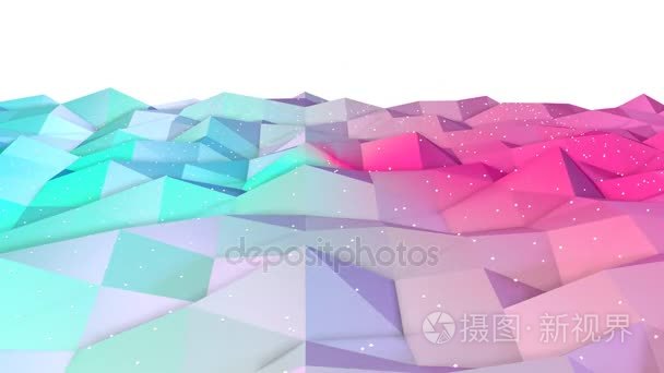 抽象 简单 蓝色 粉红色 低模 3d 表面图和飞行白色晶体作为独特的背景。软几何低聚背景的纯蓝色粉红色多边形。4 k 全