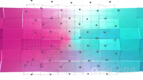 低聚与飞行网格或网格和黑色球体作为超现实地形的三维曲面。软几何低聚背景的纯蓝色粉红色红色多边形。4 k 全高清无缝循环背景