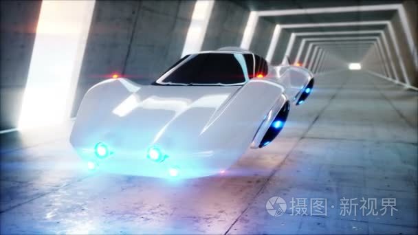 未来飞行汽车在 sci fi 隧道，coridor。未来的概念。现实 4 k 动画