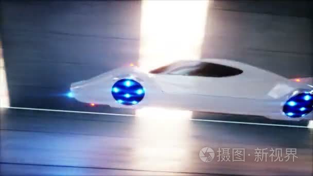 未来飞行汽车在 sci fi 隧道，coridor 开得那么快。未来的概念。现实 4 k 动画