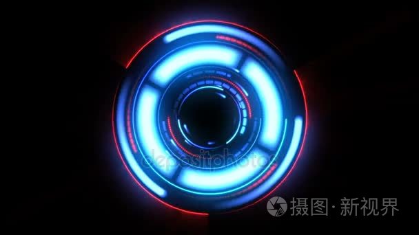 美丽的未来派平视显示器闪烁与辉光。环形旋转元素红色和蓝色。平视显示器的计算机数据。高科技概念元素。全高清 1920 x 1080