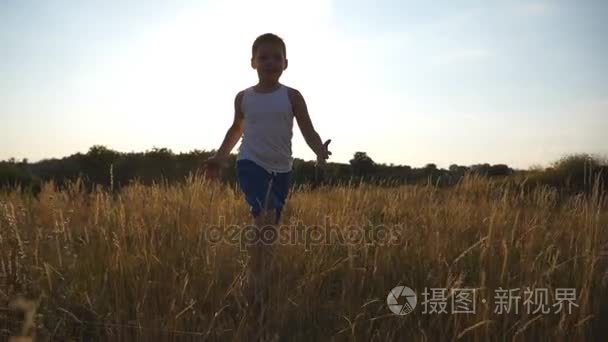 快乐的小男孩在摄像机后面的字段与太阳耀斑在后台运行。微笑男小孩在夏天草地上自然开心。儿童户外慢跑在阳光明媚的日子。慢动作关闭