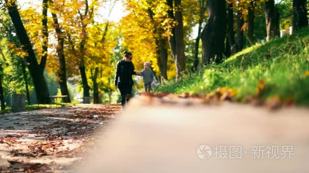 一个小男孩在针织毛衣搭配灰色的泰迪熊和沿片秋色的公园妈一起走过