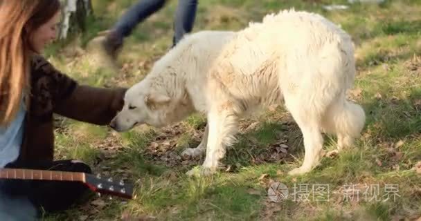 女人轻轻地抚摸白狗在一起围火 place.real 朋友人户外野营帐篷的假期在秋天旅行。在自然、 团结和动物友谊秋季晴朗的日子。