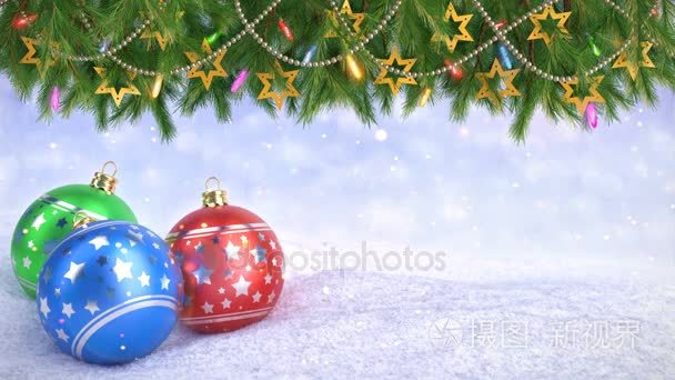 圣诞球在冰雪上散景的树枝装饰背景-3d 渲染。无缝环