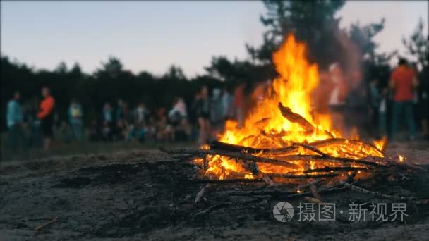 篝火旁的树枝烧伤在晚上在森林上的人的背景