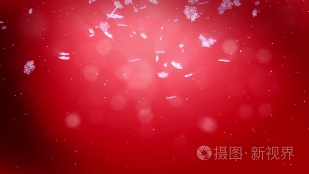 装饰的 3d 雪花漂浮在空气中慢动作和夜间红色背景上闪耀。使用作为动画圣诞，新年卡闪着光芒的雪花，镜头光晕，散景。雪花 V1