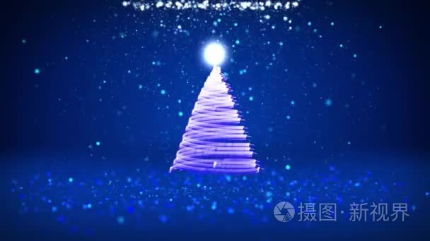 广角拍摄的冬季主题圣诞或新年背景与复制空间。来自 midframe 的粒子的圣诞树。蓝色3d 圣诞圣诞树 V9 与闪光颗粒的自