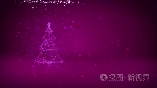 紫色的圣诞树从发光的微粒在左边在广角。冬季主题为圣诞背景与复制空间。3d 圣诞圣诞树 V5 与闪光粒子自由度旋转空间