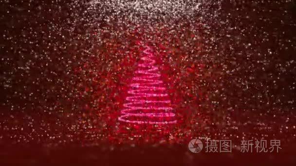 广角拍摄的冬季主题圣诞或新年背景与复制空间。在 mid-frame 的发光颗粒的圣诞树。红色3d 圣诞树 V6 与雪自由度旋转空