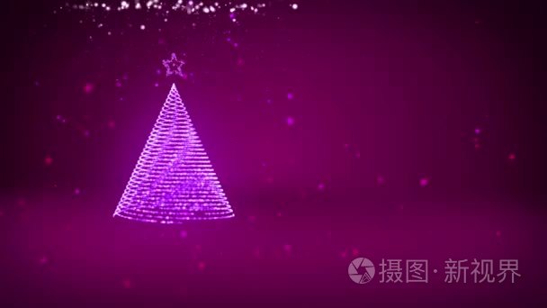圣诞树从发光的闪亮颗粒在左在广角拍摄。冬季主题为圣诞背景与复制空间。紫色3d 圣诞树 V3 与闪光颗粒自由度旋转空间