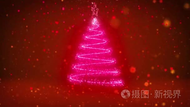 冬季主题为圣诞节或新年背景与复制空间。从 mid-frame 的颗粒中关闭圣诞树。红3d 圣诞树 V1 与闪光颗粒自由度旋转空间