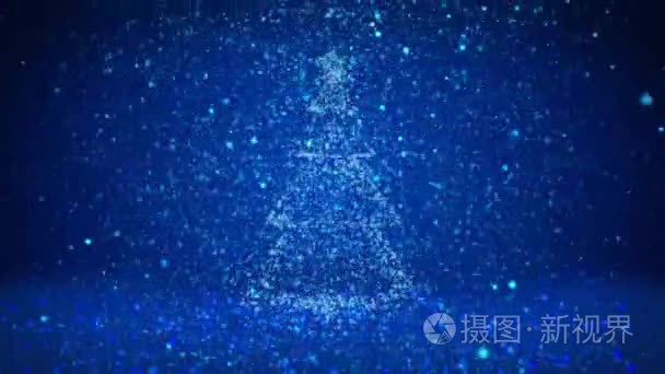 冬季主题为圣诞节或新年背景与复制空间。从 midframe 的颗粒中关闭圣诞树。蓝色3d 圣诞圣诞树 V5 与闪光颗粒的自由度视频