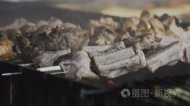 烟在煤串上的油炸肉上升起。烤肉架视频