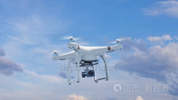 Quadcopter 在蓝色的天空中飞翔, 它的相机和快速上升到太阳. 美丽的3d 动画与绿色屏幕。现代电子概念。4k Uhd 