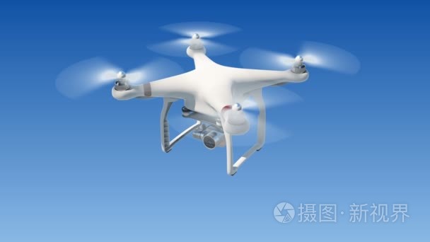 Quadcopter 飞行在蓝天和摄制用它的照相机。环形3d 动画与绿色屏幕和 Alpha 面具。现代电子概念。4k Uhd 3