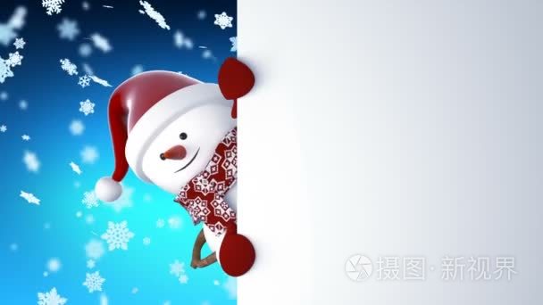 滑稽的雪人在圣诞老人的帽子上用手和微笑打招呼。美丽的3d 卡通动画与绿屏。动画贺卡. 圣诞快乐新年概念全高清1920x1080