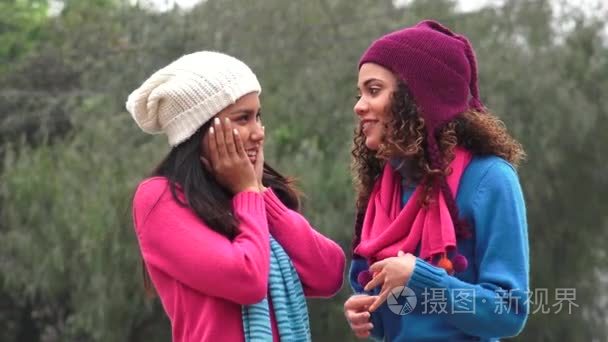 拉美裔女孩的朋友谈论穿毛衣视频