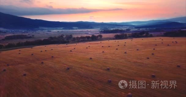 飞行以上和空中视野的一个领域与干草栈。乡村风光。俄罗斯