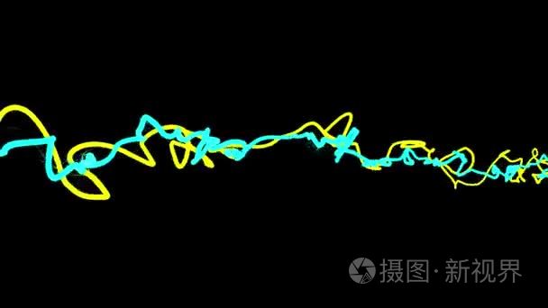 两个蓝色的黄色线在空间动画背景中扭动挥动新的质量动态技术运动视频素材