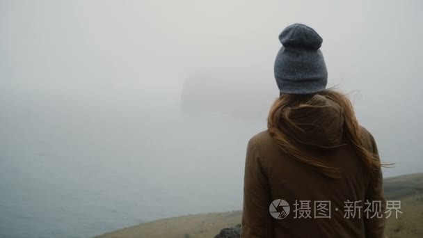 年轻女子的背部  站在海边的帽子和思考的东西  探索冰岛