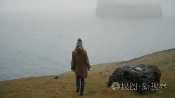 年轻女子在海边漫步和思考, 探索冰岛的性质