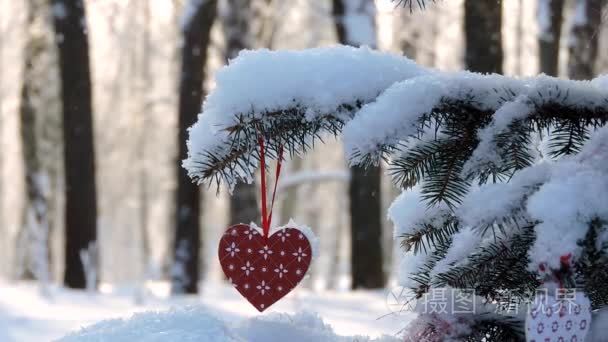 冬天的雪  树枝上的圣诞心在风中摇摆