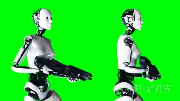 未来的人形女机器人正带着枪走路。现实的运动和思考。4k 绿色屏幕素材