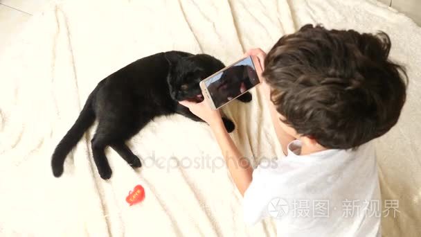 男孩在他的智能手机上拍了一只黑猫的照片。宠物.猫.4k慢动