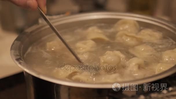 在沸腾的水中煮饺子。肉饺