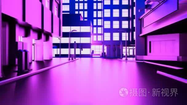 抽象动画的摄像头移动通过霓虹灯城市的建筑物。循环
