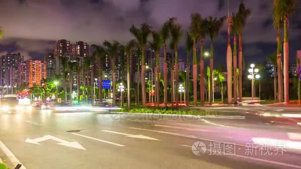 中国夜景照亮珠海城市交通街十字路口空中全景4k 延时