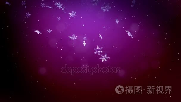 闪亮的3d 雪花在紫色的背景下, 在夜晚缓慢的运动中漂浮在空中.