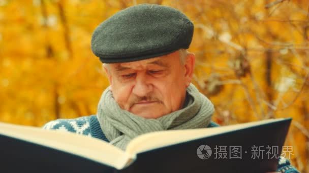 老人的画像与书在秋天公园视频